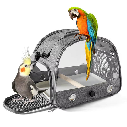 Bird Travel Carrier, Portable Bird Parrot Parakeet Carrier with Standing Perch and Tray, Side Access Window Collapsible to Carry